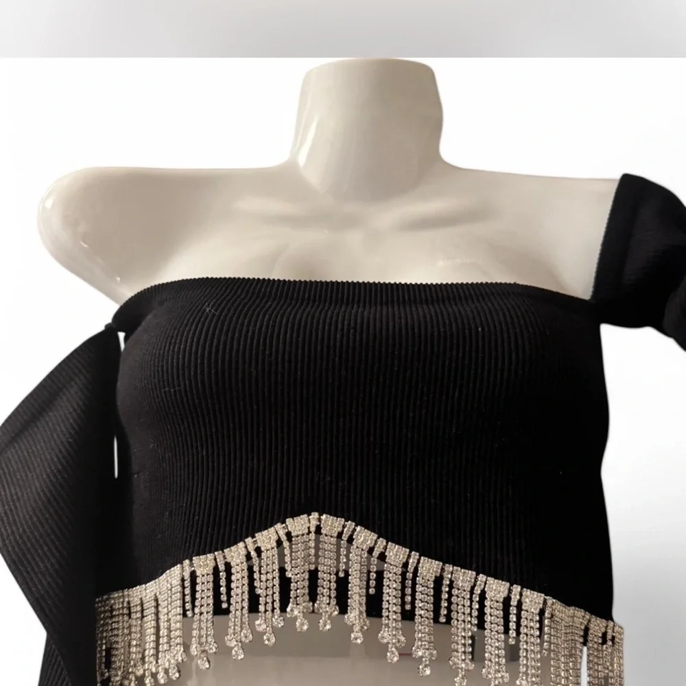ZARA Elegant Black Off-Shoulder Top with Fringe